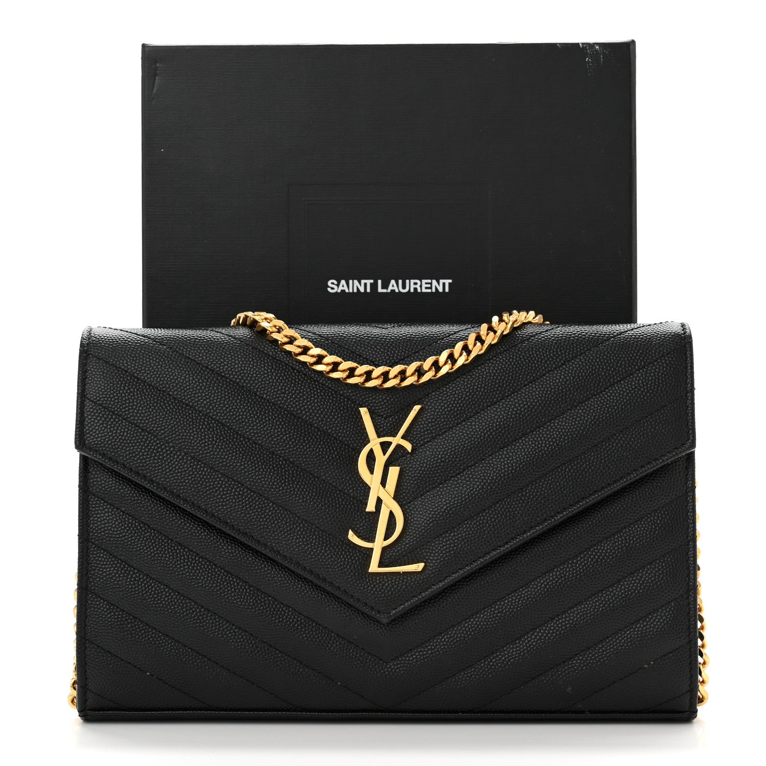 Saint Laurent Grain De Poudre Matelasse Chevron Monogram Chain Wallet Black 10 of 10