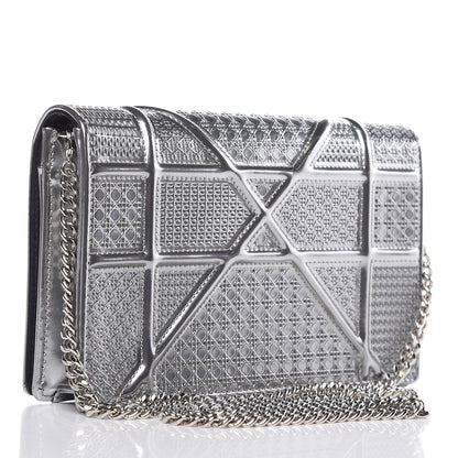 Christian Dior Metallic Patent Micro-Cannage Diorama Wallet on Chain Pouch Silver 3 of 10