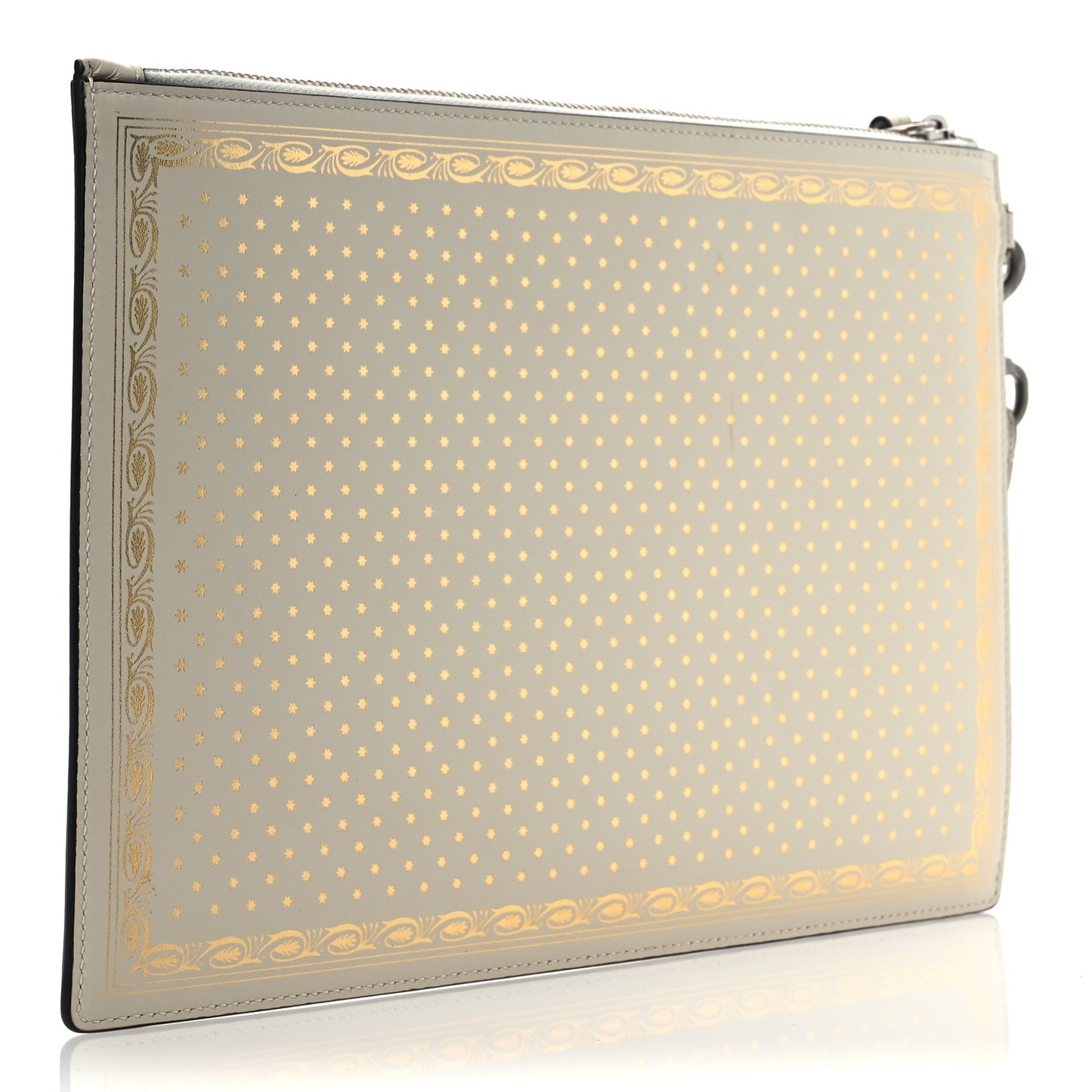 X SEGA Calfskin GUCCY Stars Zip Wristlet Pouch Mystic White Gold