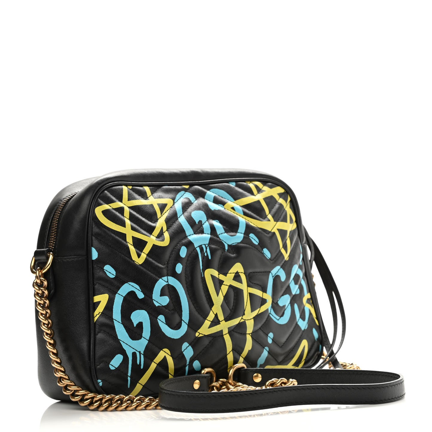 Calfskin Matelasse GucciGhost Medium GG Marmont Chain Shoulder Bag Black New Acquamarine