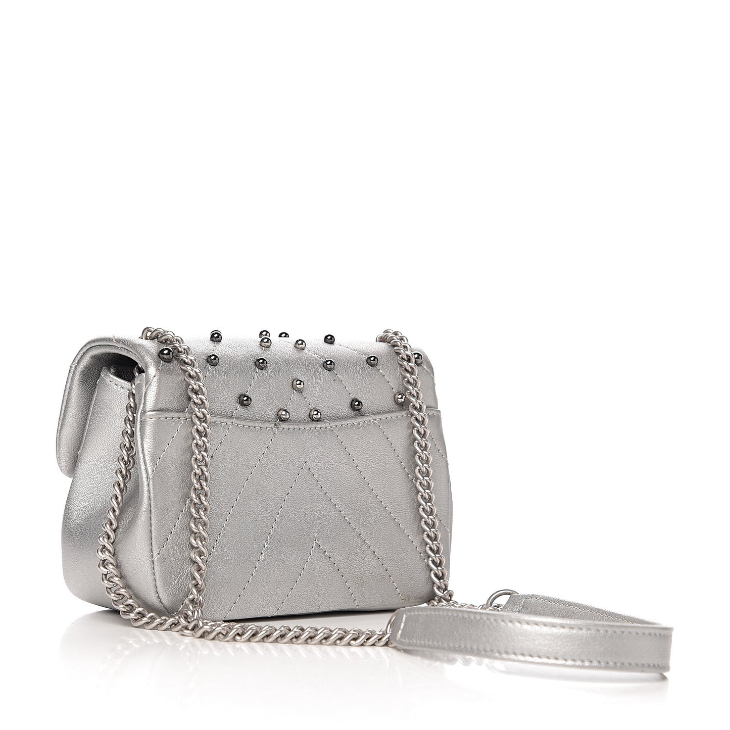 Metallic Lambskin Chevron Quilted Studded Mini Flap Silver