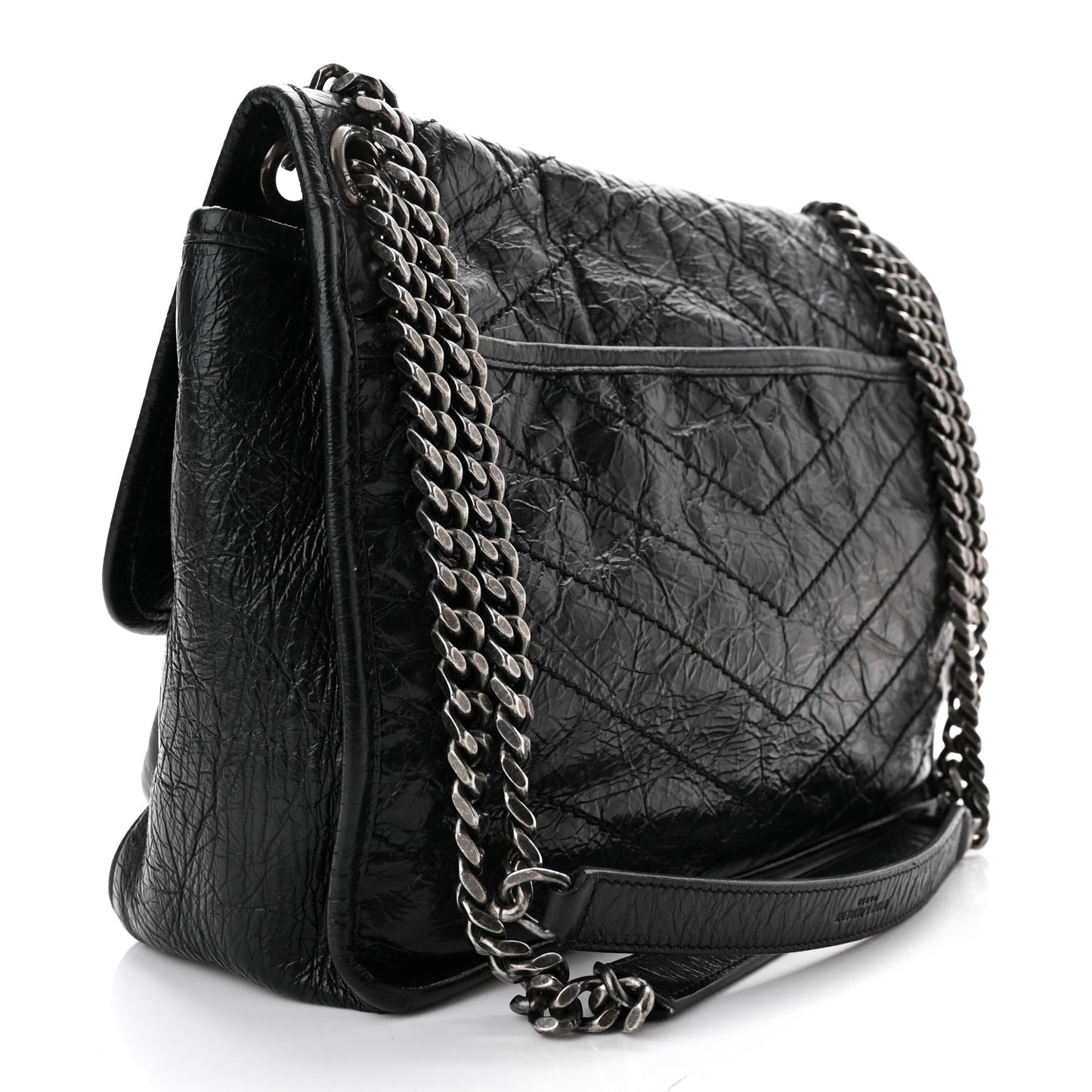Crinkled Calfskin Matelasse Monogram Medium Niki Chain Satchel Black