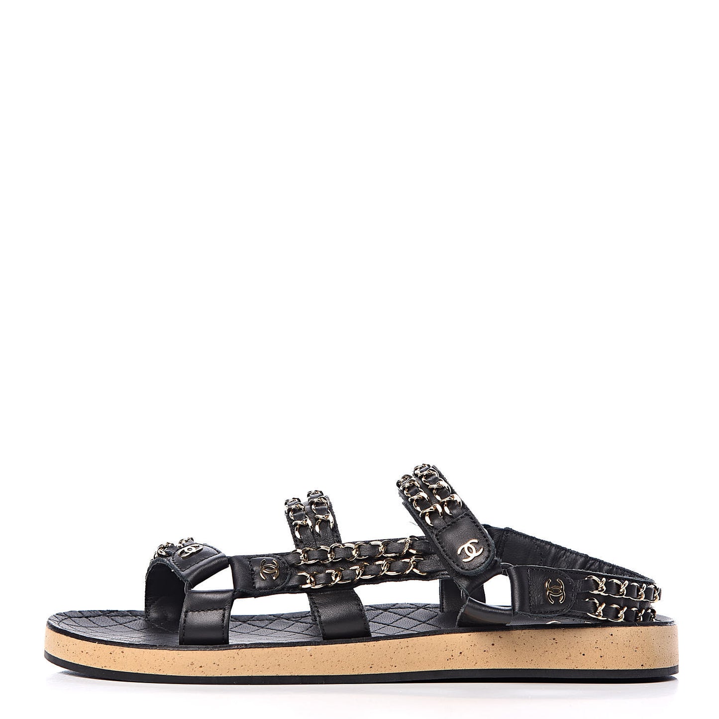 Calfskin Chain Flat Sandals 41 Black