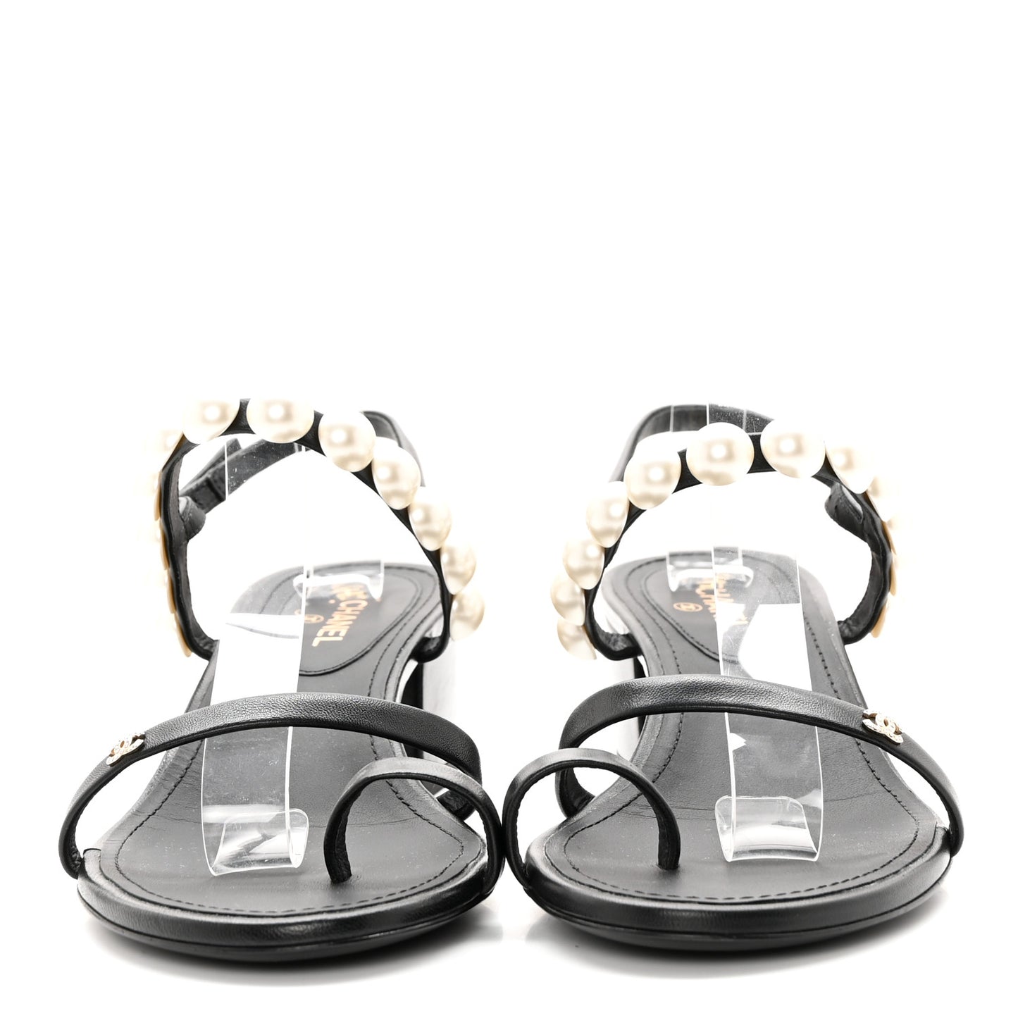 Lambskin Pearl Toe Ring Slingback Sandals 37 Black
