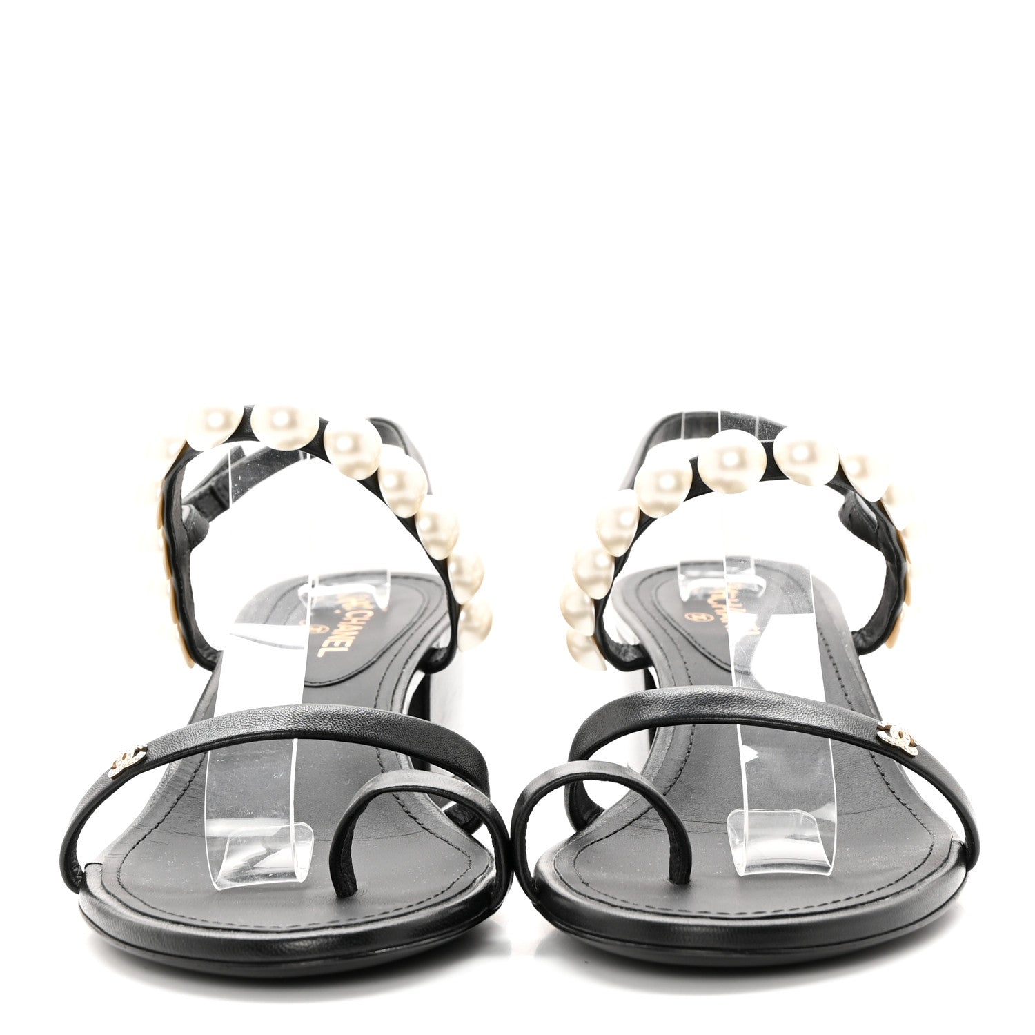 Chanel Lambskin Pearl Toe Ring Slingback Sandals 37 Black 2 of 13