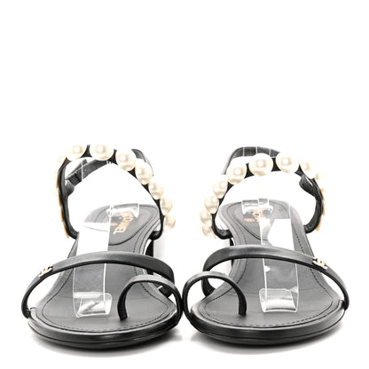 Chanel Lambskin Pearl Toe Ring Slingback Sandals 37 Black 2 of 13