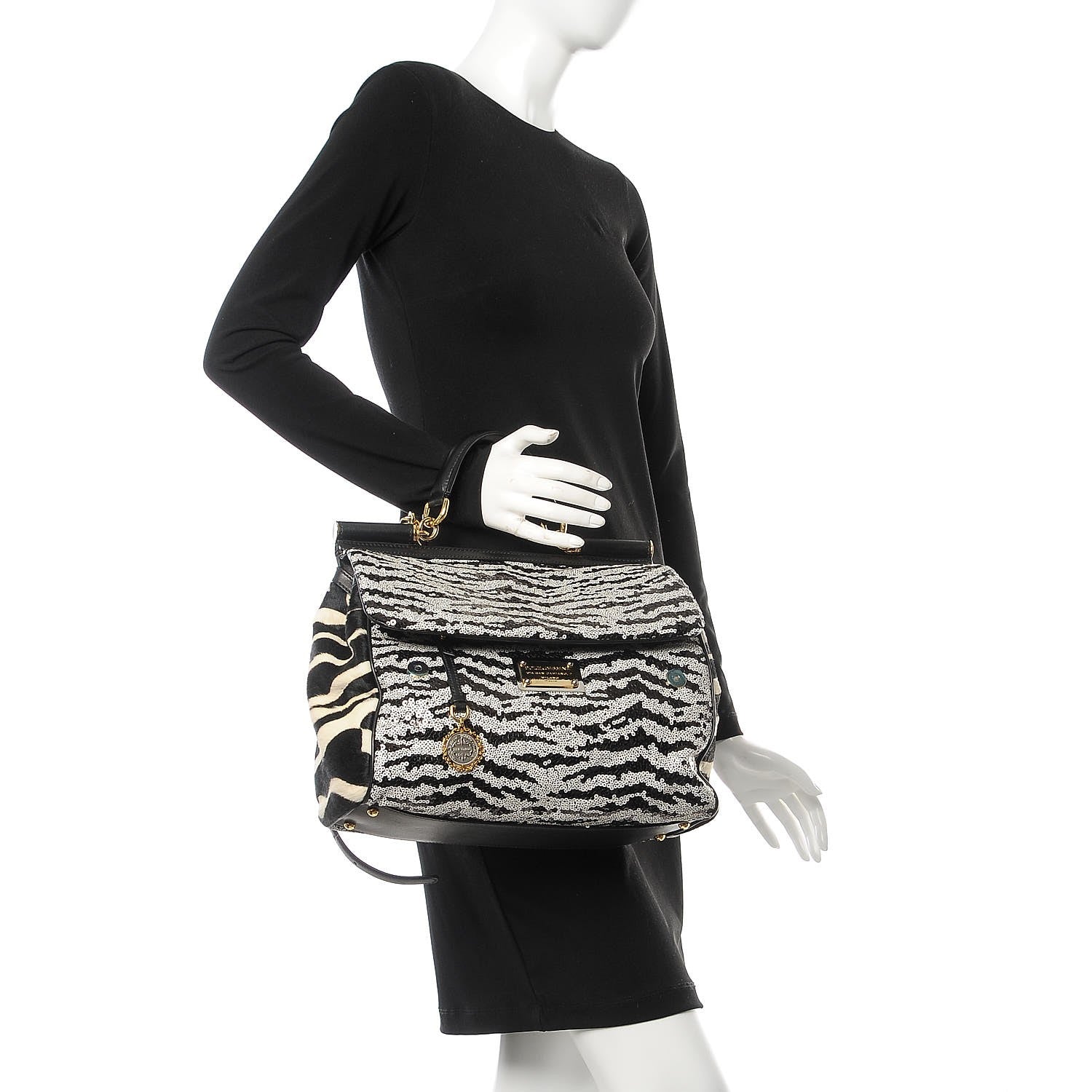 Dolce & Gabbana Calf Hair Sequin Large Miss Sicily Satchel Black White 3 of 8