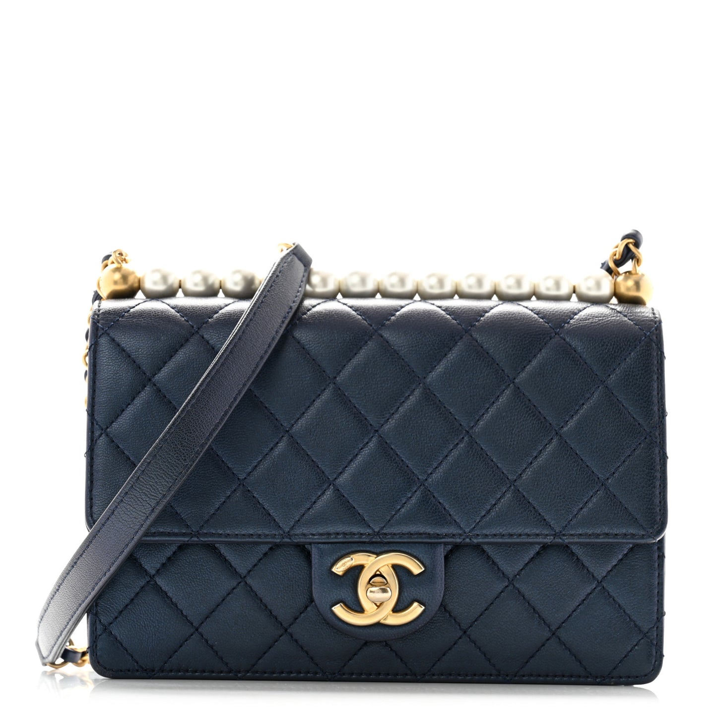Iridescent Lambskin Quilted Small Chic Pearls Flap Blue