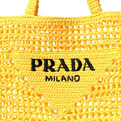 Prada Yarn Raffia Effect Crochet Logo Embroidered Tote Bag Giallo 7 of 9