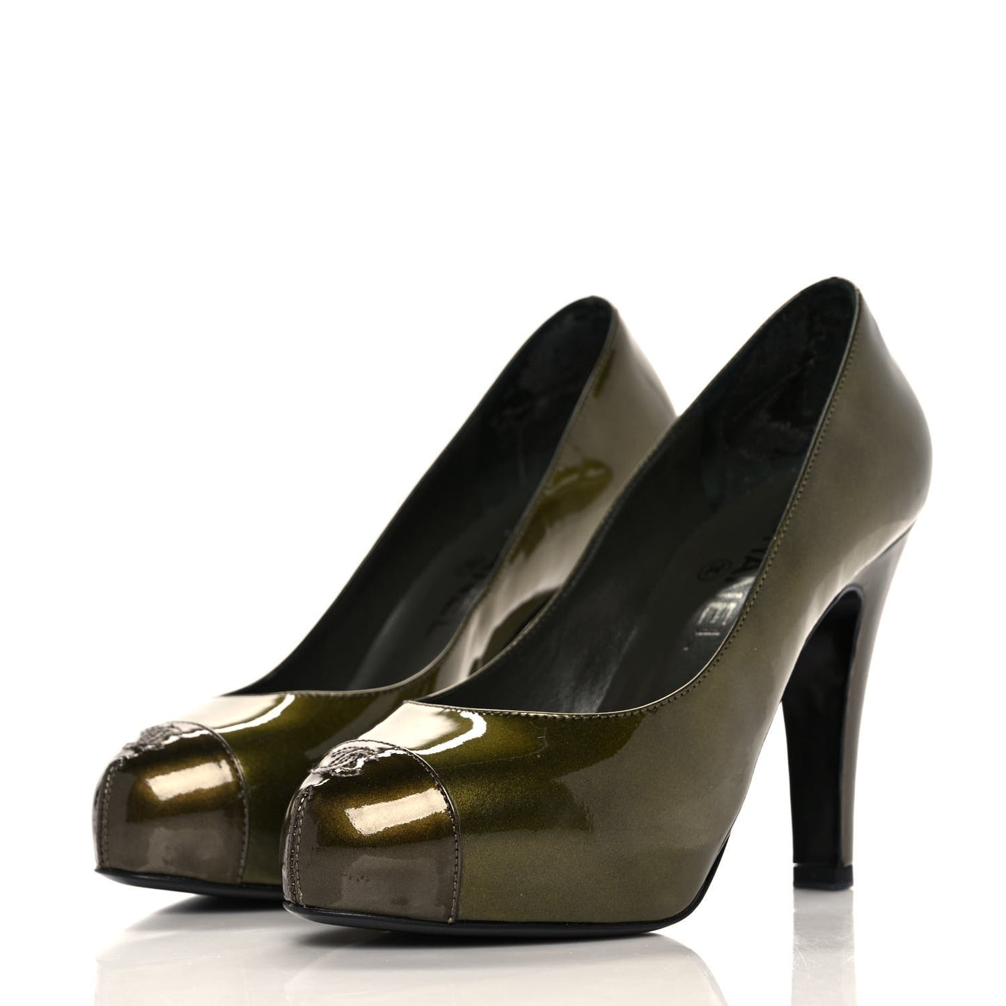 Calfskin Patent Cap Toe Platform CC Pumps 37 Dark Silver