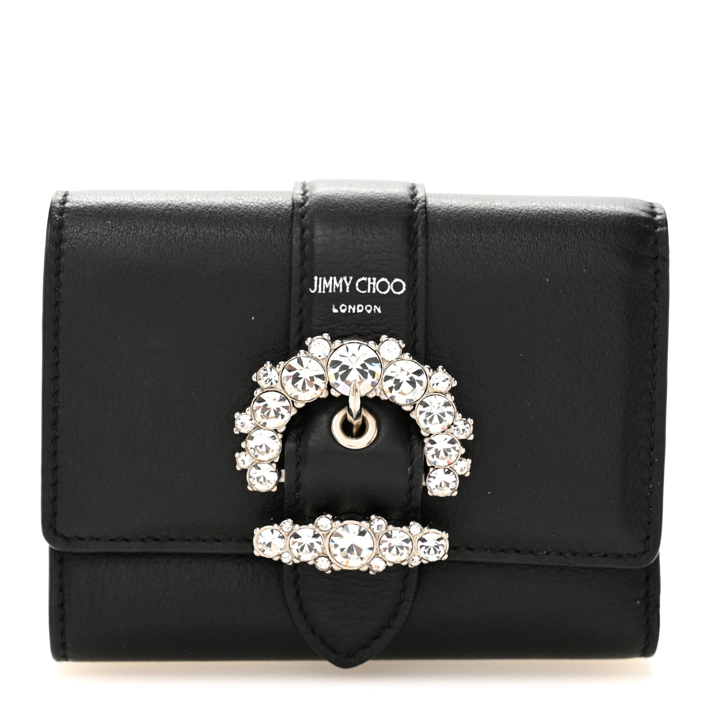 Calfskin Crystal Cheri Compact Wallet Black