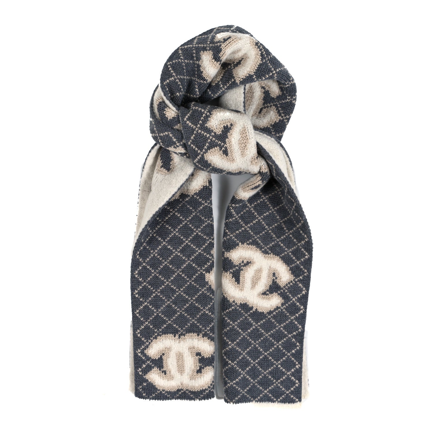 Chanel Wool Cashmere CC Scarf White Grey 1 of 4