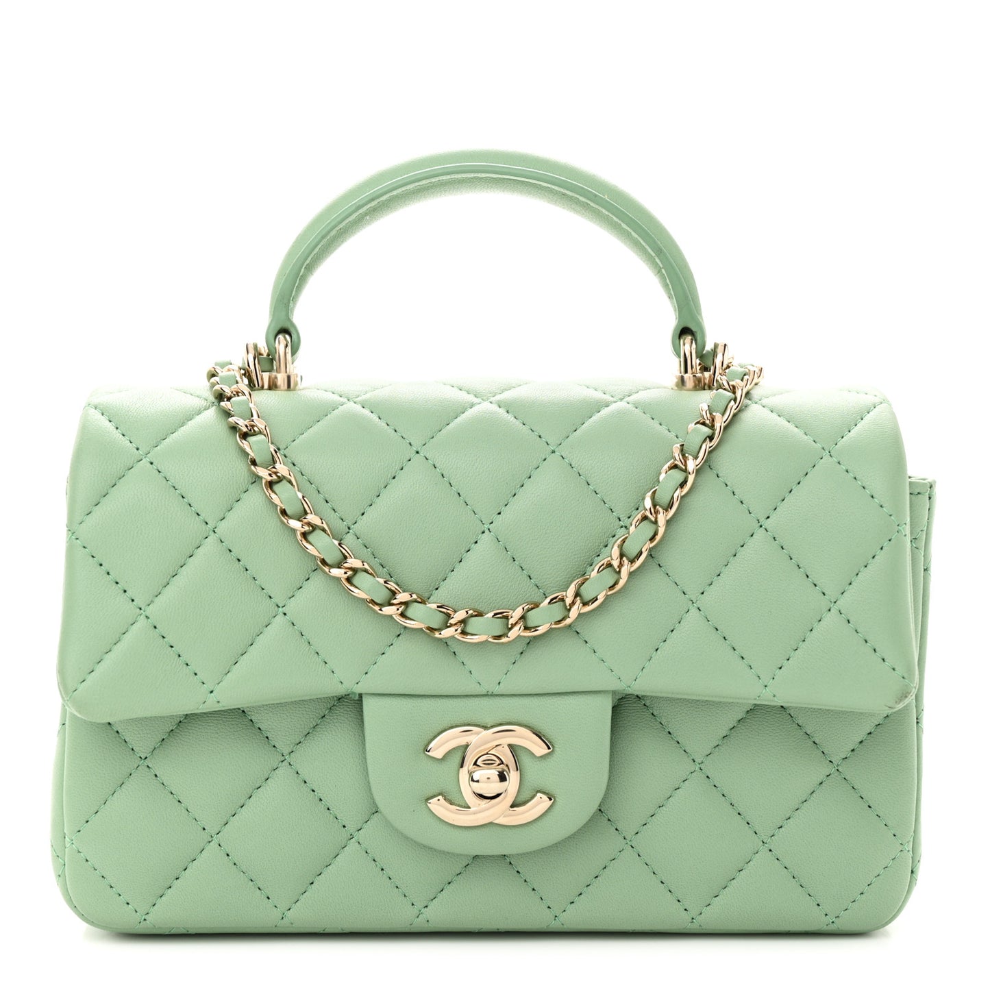 Lambskin Quilted Mini Top Handle Rectangular Flap Light Green
