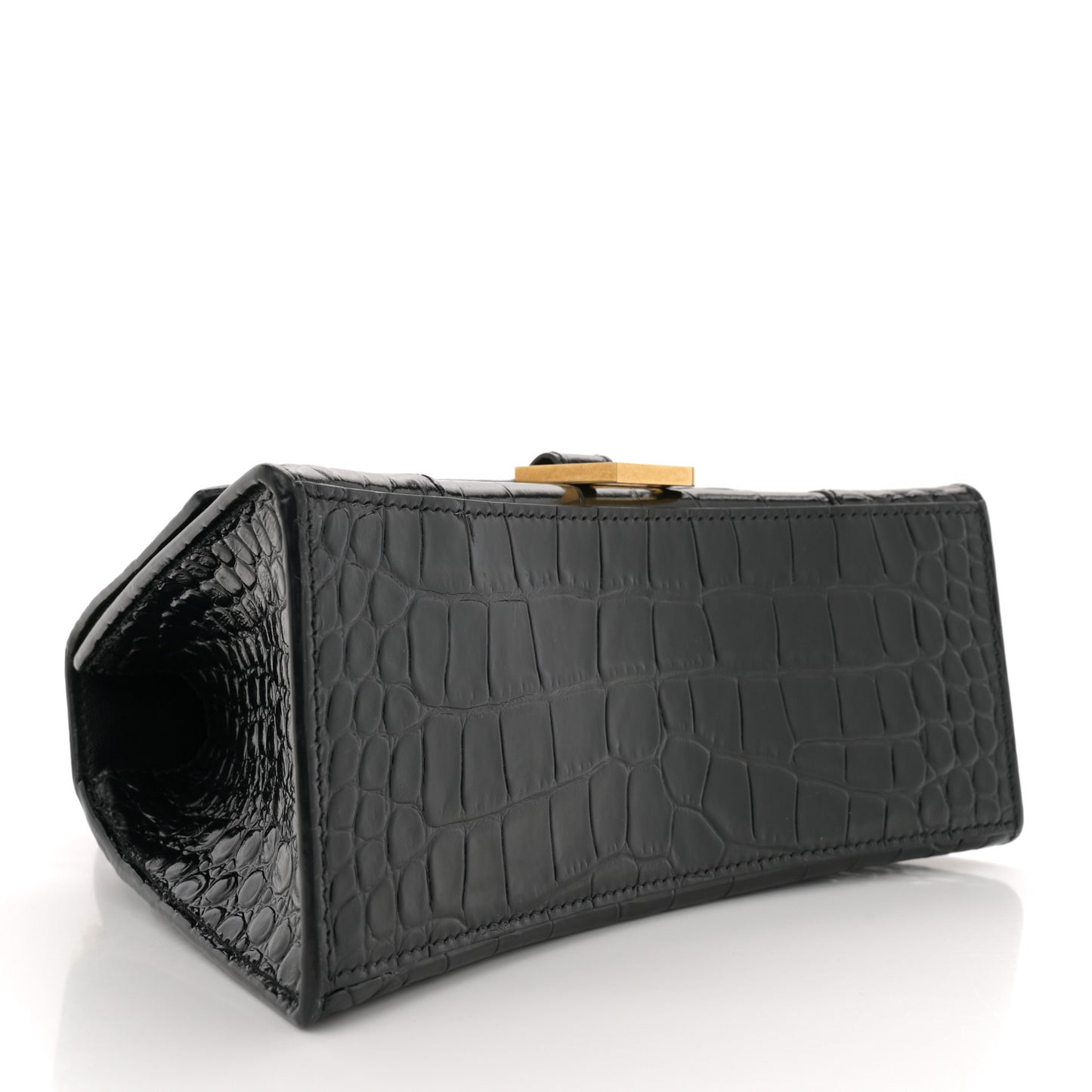 Shiny Calfskin Crocodile Embossed Small Hourglass Top Handle Bag Black