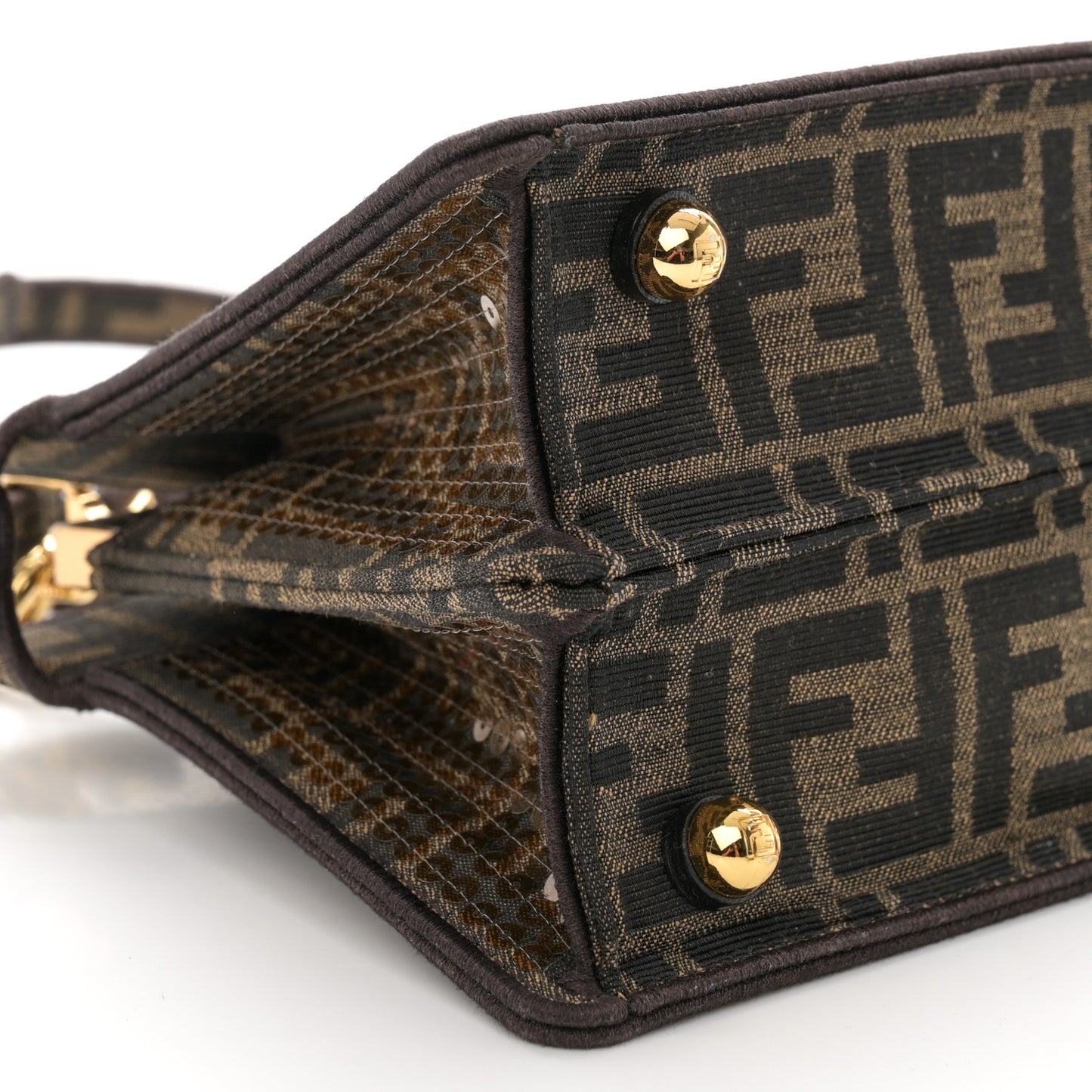 Fabric Jacquard Paillettes Vitello Seta FF 1974 Petite Peekaboo I SEE U Satchel Tobacco Moro