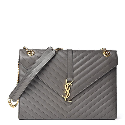 Saint Laurent Grain De Poudre Matelasse Chevron Large Monogram Satchel Earth 1 of 12