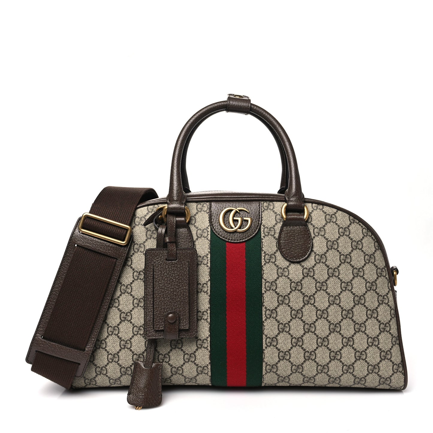 GG Supreme Monogram Textured Dollar Calfskin Web Medium Savoy Bowling Bag Beige Ebony New Acero