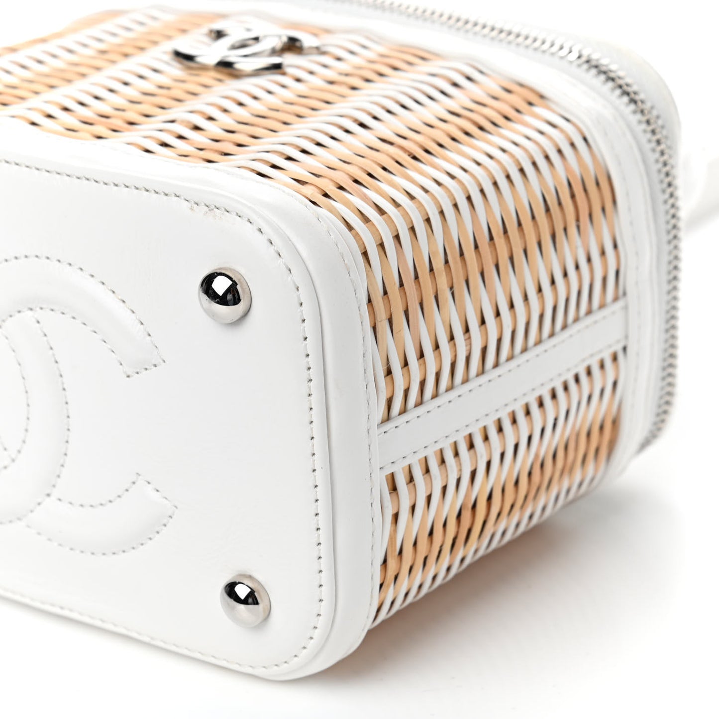 Calfskin Raffia Small Vanity Case Bag White Beige