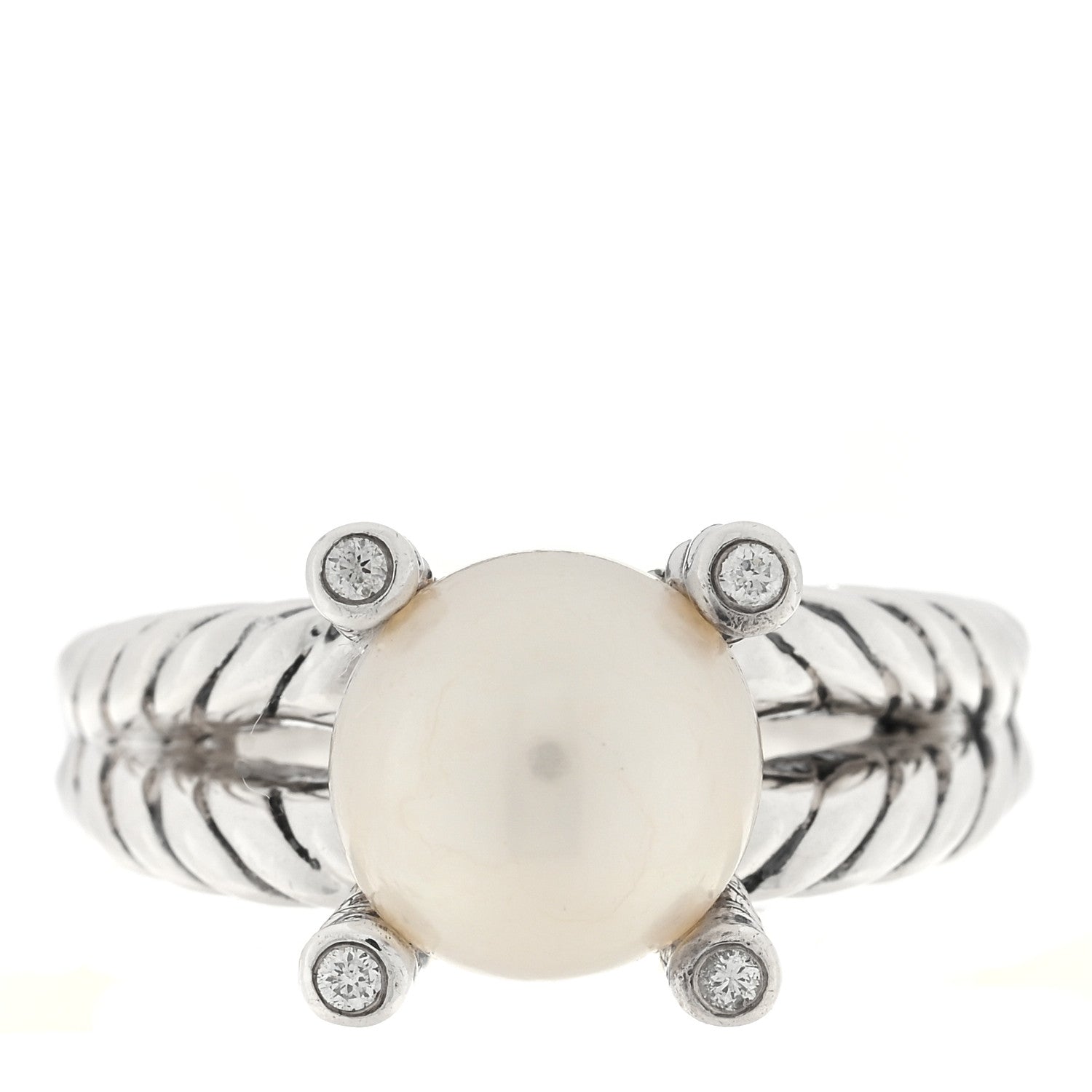 David Yurman Sterling Silver Diamond Pearl 10mm Cable Ring 54 7 1 of 4