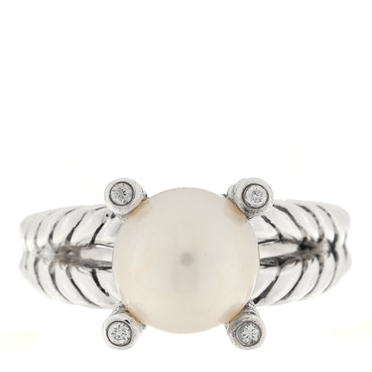 David Yurman Sterling Silver Diamond Pearl 10mm Cable Ring 54 7 1 of 4