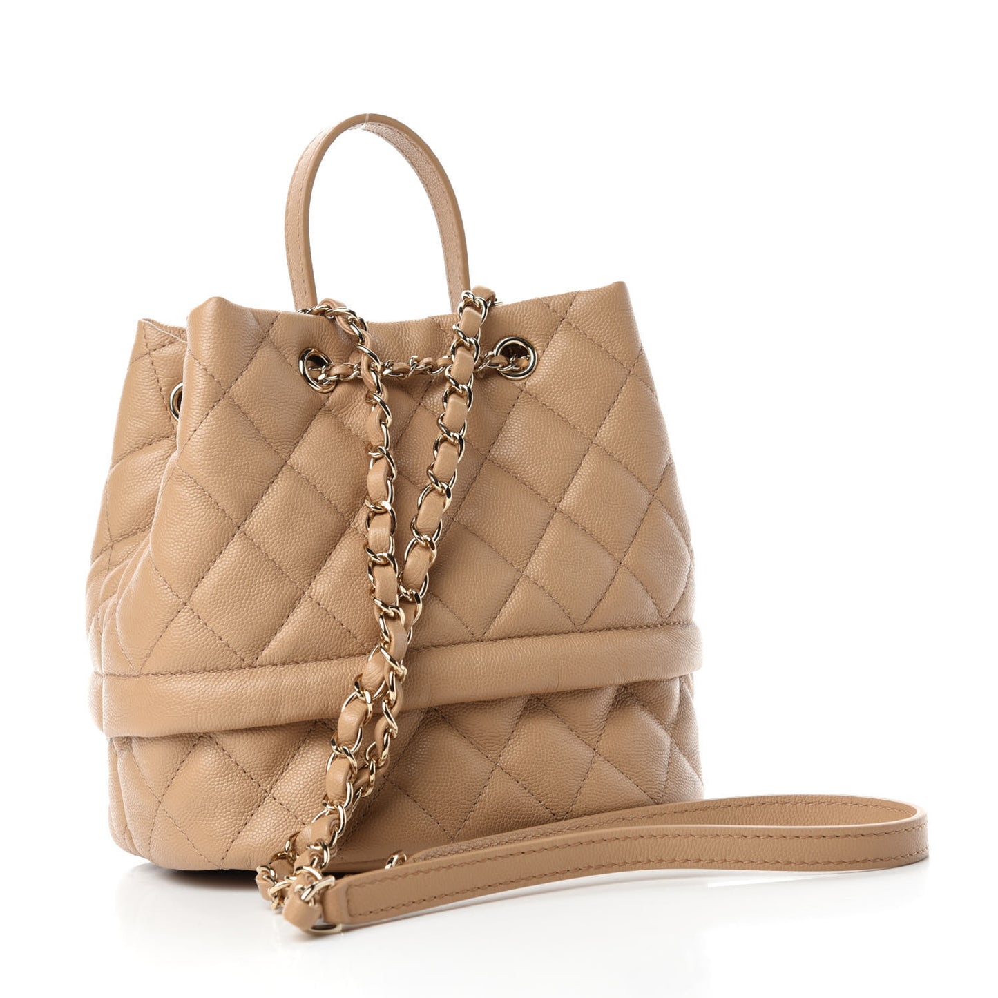 Caviar Quilted Rolled Up Bucket Drawstring Bag Beige