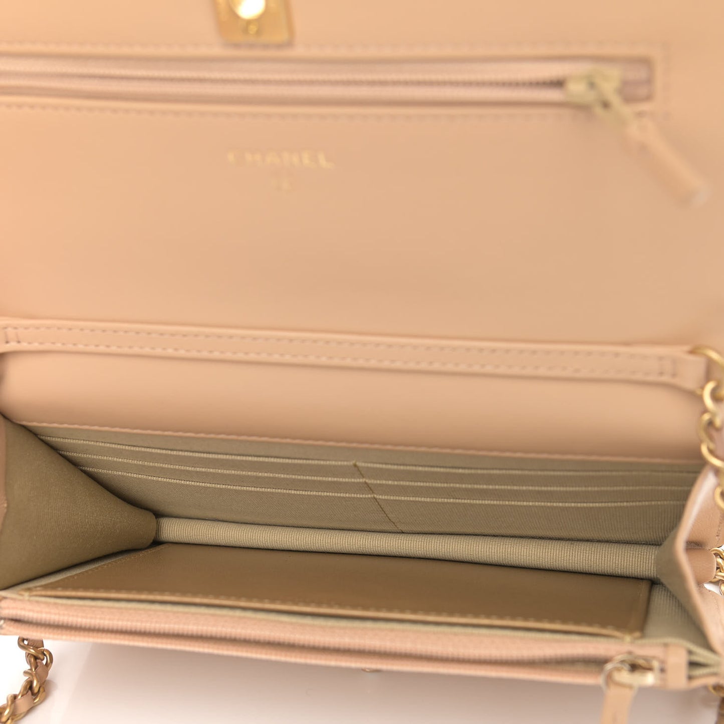 Lambskin Quilted CC Pearl Crush Wallet on Chain WOC Beige