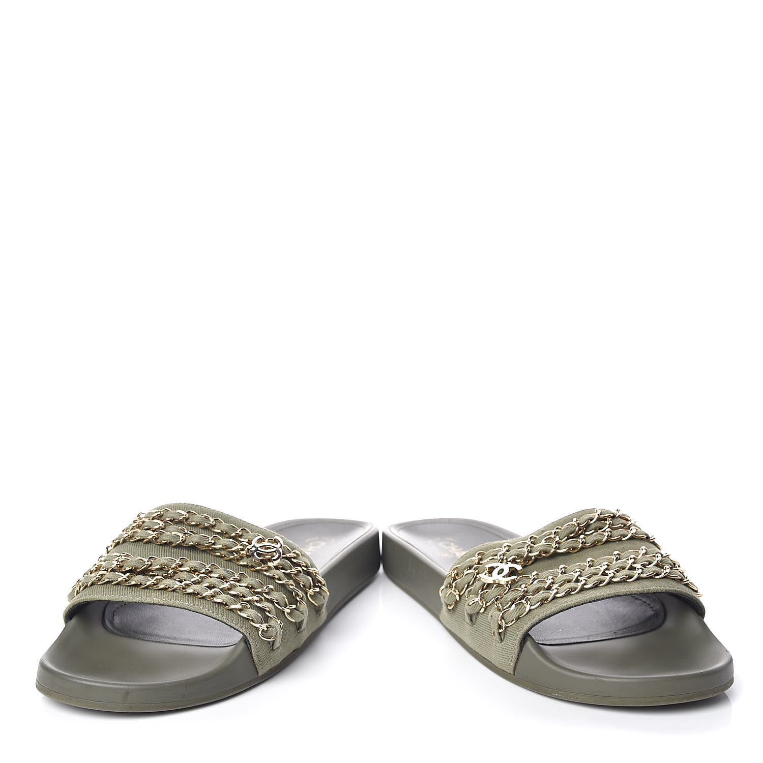 Chanel Canvas Chain Flat Sandals 39 Khaki 6 of 12