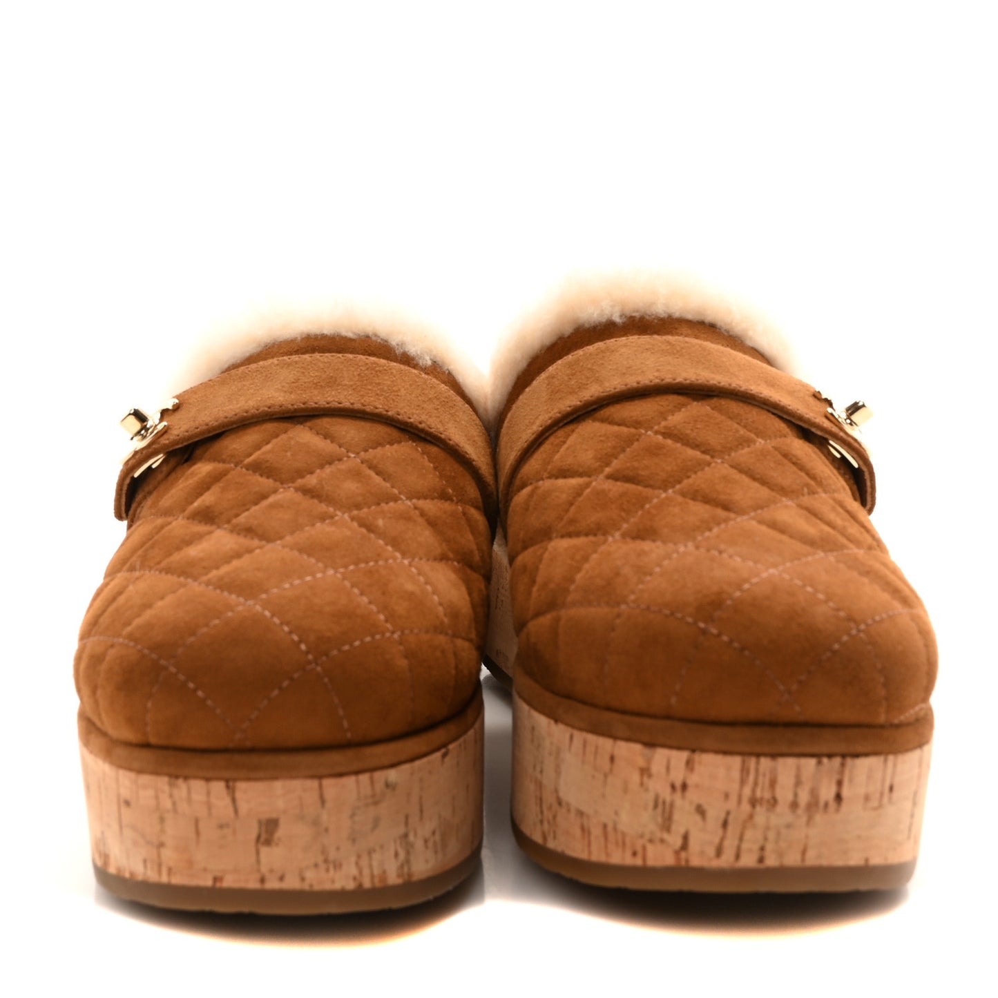 Suede Calfskin Shearling Turn Lock Clogs 37 Brown