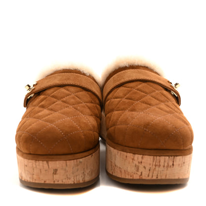 Chanel Suede Calfskin Shearling Turn Lock Clogs 37 Brown 3 of 9
