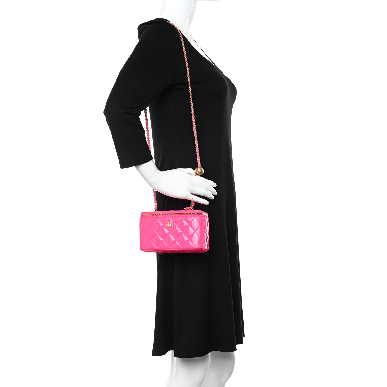 Chanel Patent Quilted Pearl Crush Small Vanity Case With Chain Neon Pink 2 of 11
