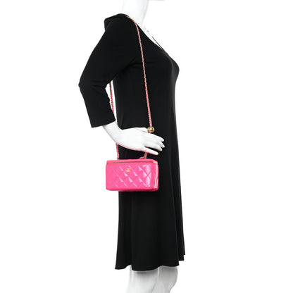 Chanel Patent Quilted Pearl Crush Small Vanity Case With Chain Neon Pink 2 of 11