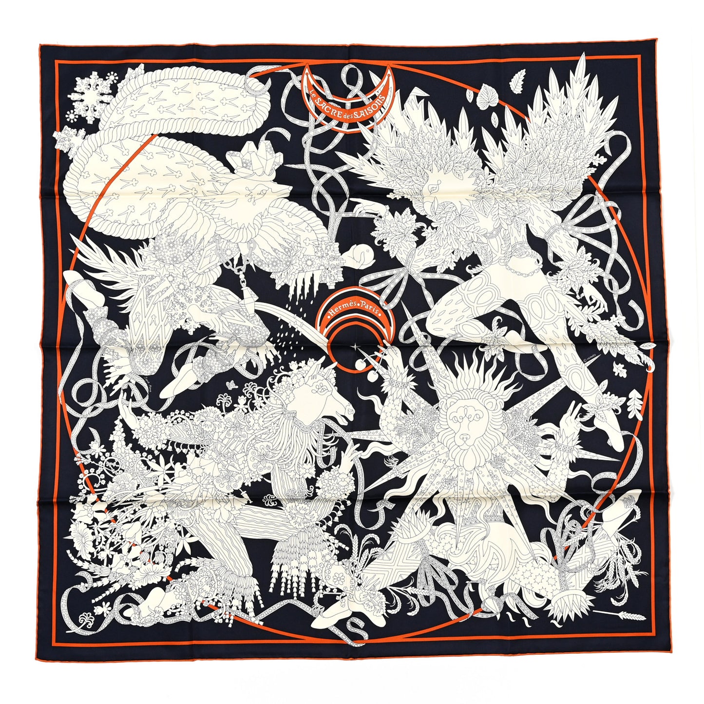 Silk Twill La Sacre Des Saisons Scarf 90 Bleu Black Creme Potiron