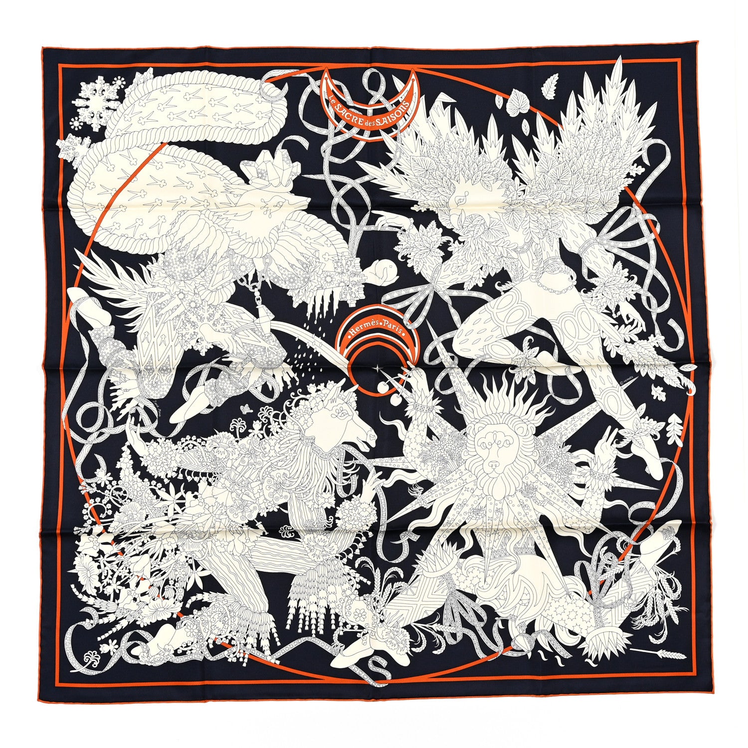 Hermes Silk Twill La Sacre Des Saisons Scarf 90 Bleu Black Creme Potiron 1 of 3
