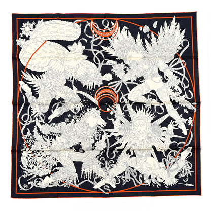 Hermes Silk Twill La Sacre Des Saisons Scarf 90 Bleu Black Creme Potiron 1 of 3