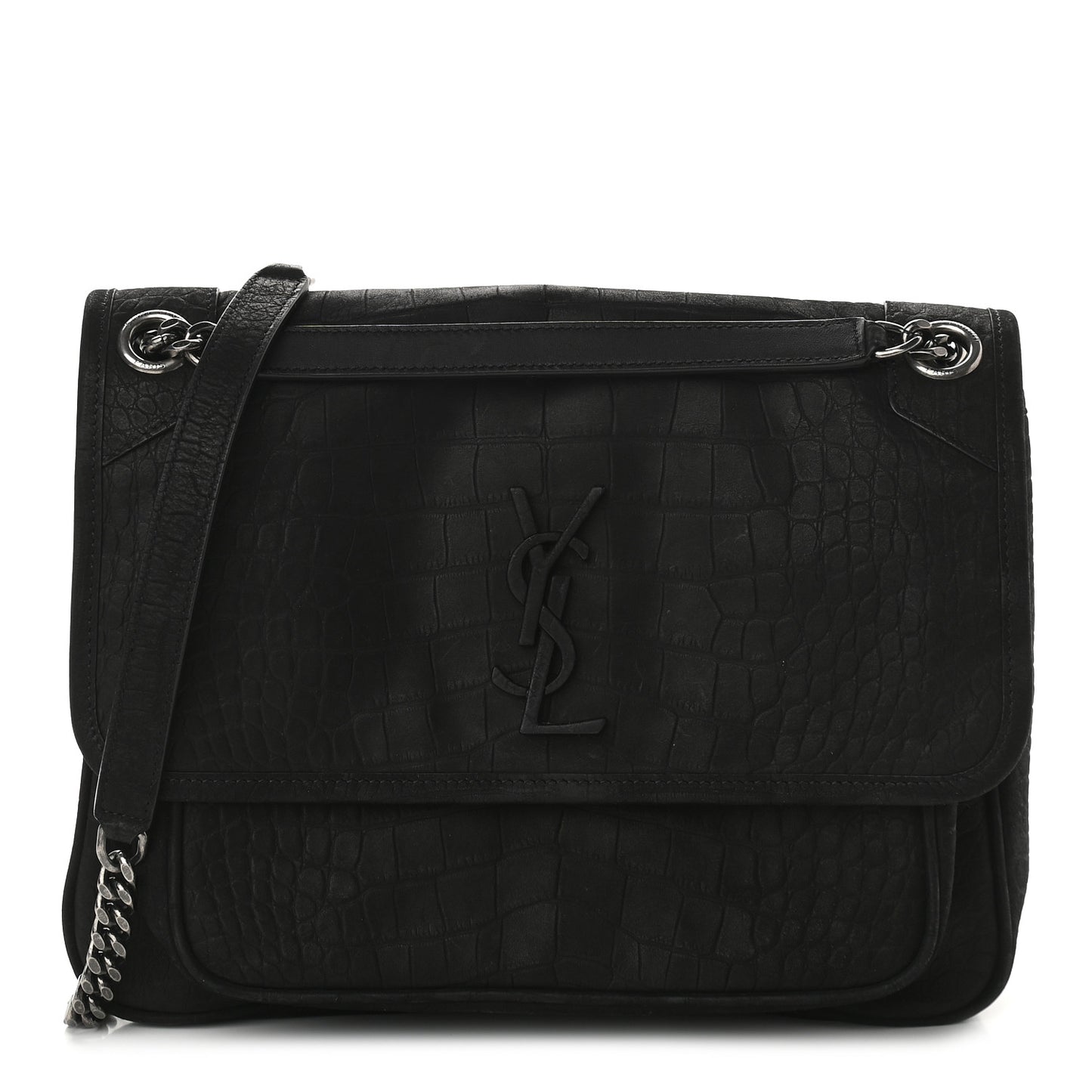 Nubuck Crocodile Embossed Monogram Medium Niki Chain Satchel Black