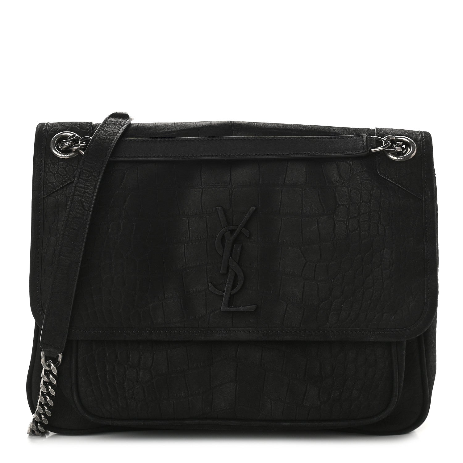 Saint Laurent Nubuck Crocodile Embossed Monogram Medium Niki Chain Satchel Black 1 of 9