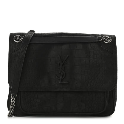 Saint Laurent Nubuck Crocodile Embossed Monogram Medium Niki Chain Satchel Black 1 of 9