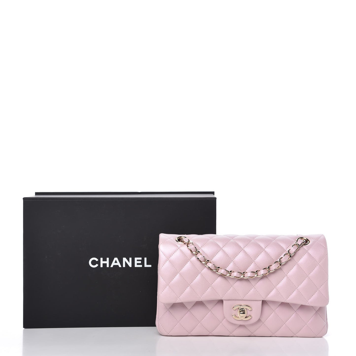Iridescent Calfskin Quilted Medium Double Flap Light Pink