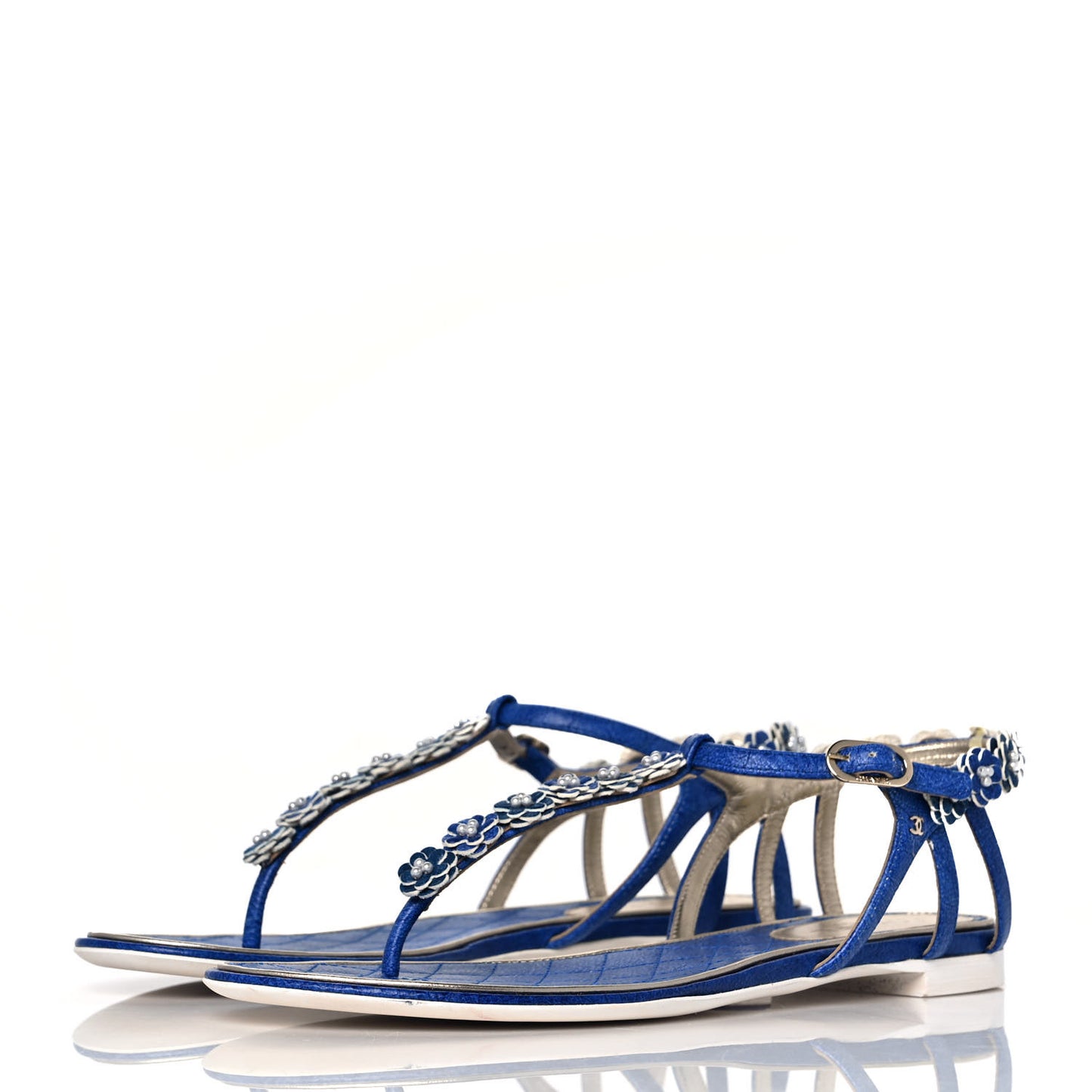 Goatskin Pearl Camellia Thong Sandals 39.5 Dark Blue