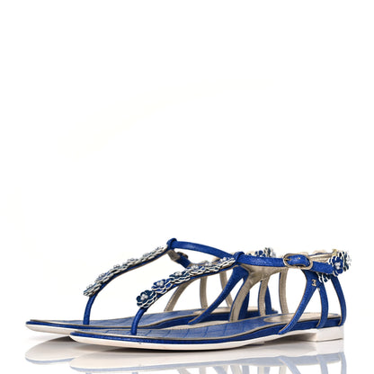 Chanel Goatskin Pearl Camellia Thong Sandals 39.5 Dark Blue 3 of 8