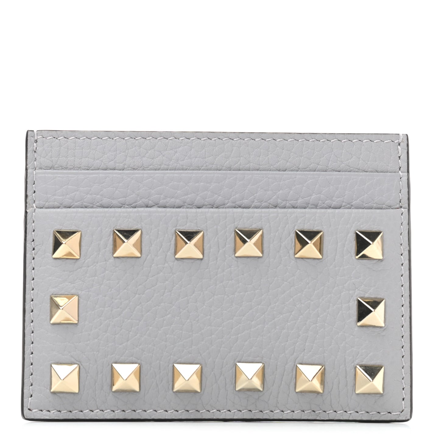 Pebbled Calfskin Rockstud Card Holder Grey