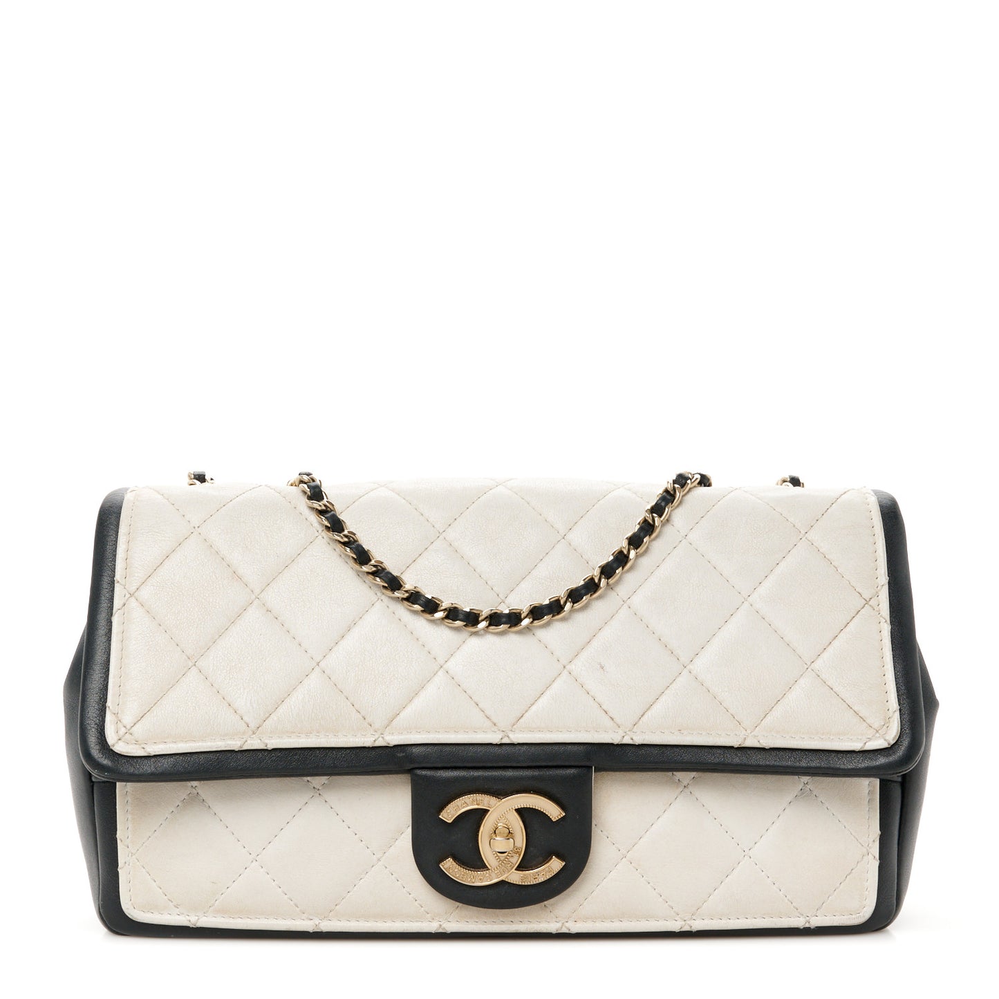 Calfskin Quilted Medium Graphic Flap White Black