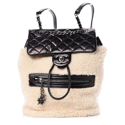 Chanel Glazed Calfskin Shearling Quilted Small Mountain Backpack Black Ivory 1 of 14
