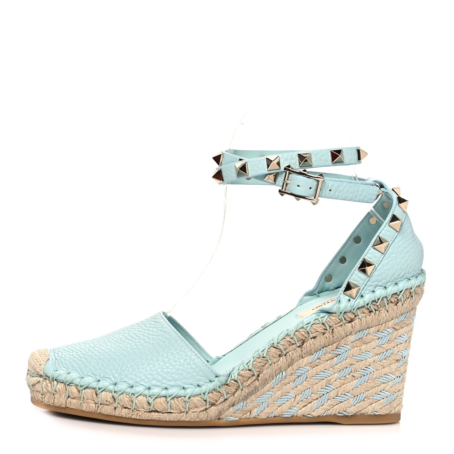 Valentino Garavani Grained Calfskin Rockstud Ankle Wrap Espadrille 15/85mm Wedges 37 Acodamar 1 of 8