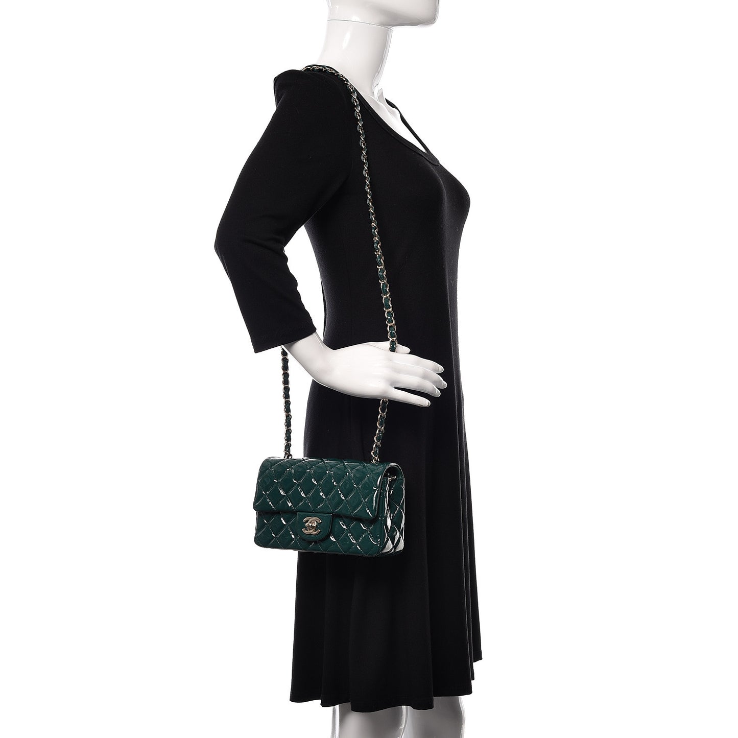 Patent Calfskin Quilted Mini Rectangular Flap Dark Green