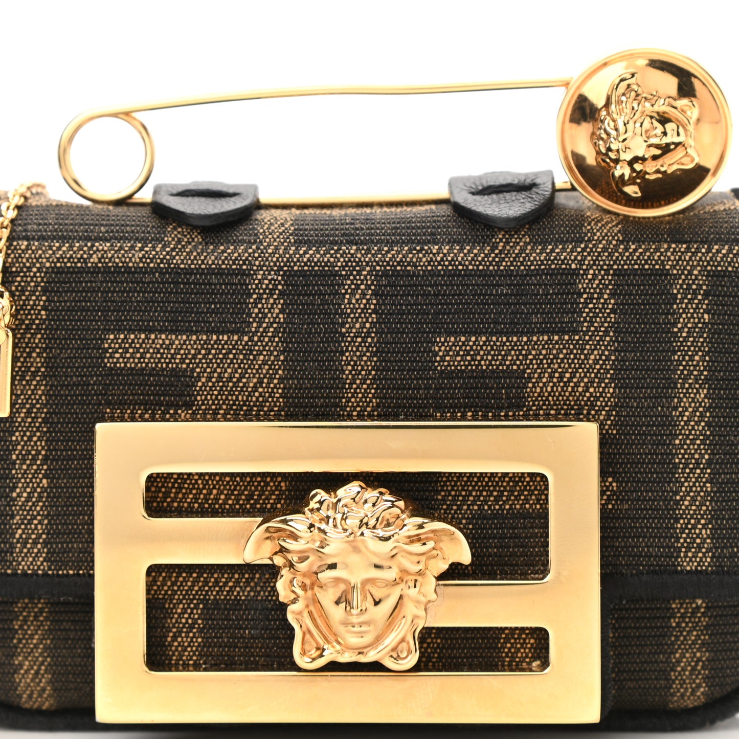 X VERSACE Fabric Jacquard Fendace FF Nano Brooch Baguette Tobacco Black