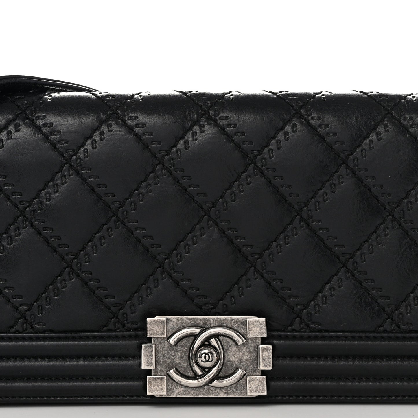 Calfskin Double Stitch Boy Clutch With Removable Chain Black