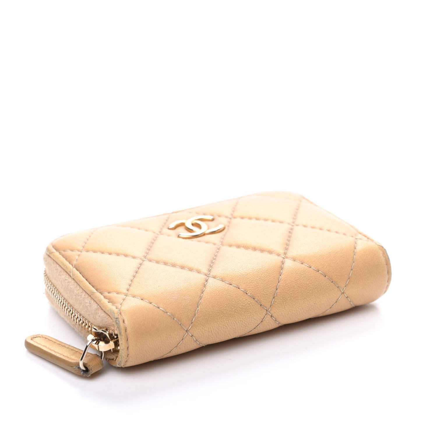 Metallic Lambskin Quilted Graffiti Zip Around Coin Purse Wallet Beige