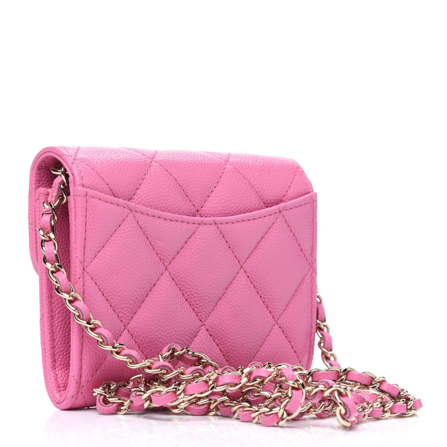 Caviar Quilted Flap Card Holder On Chain Pink