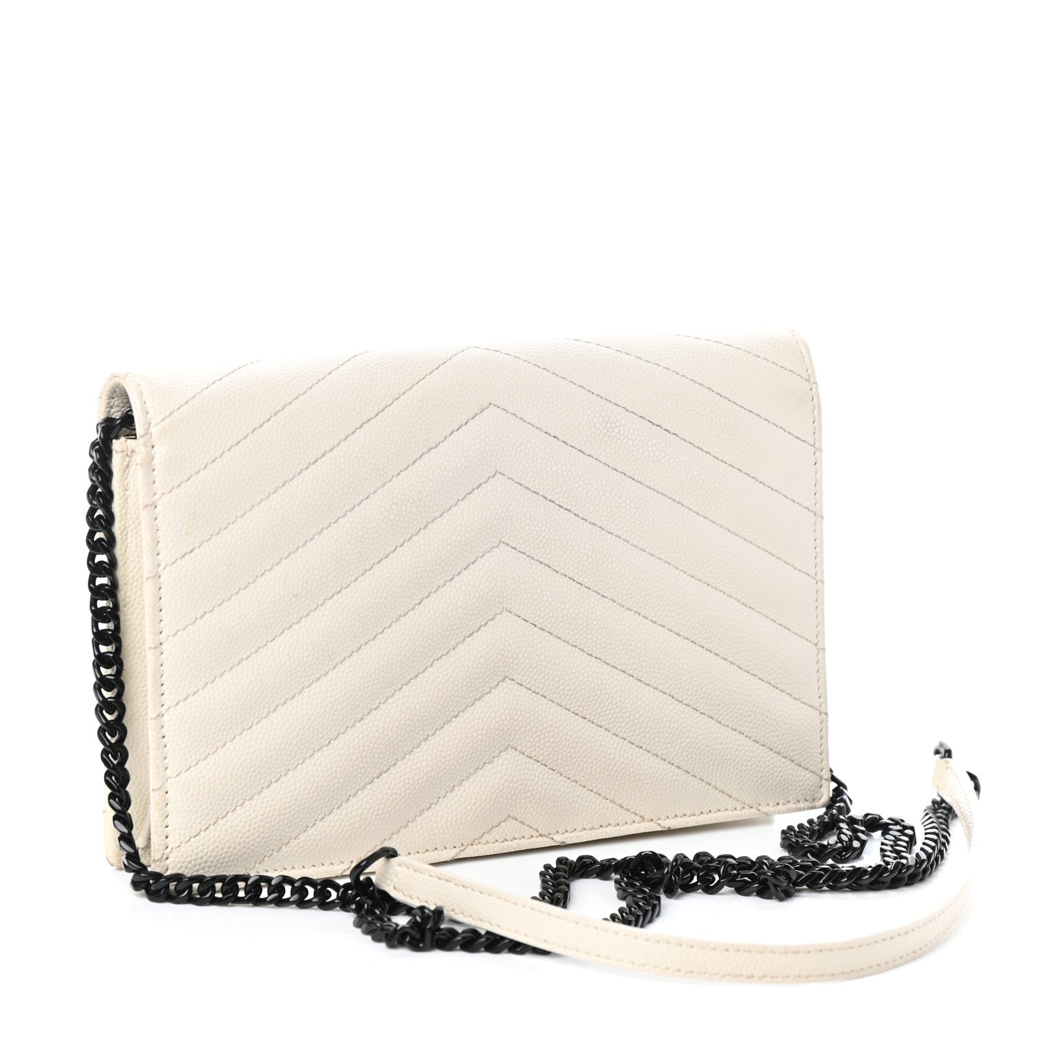 Saint Laurent Grain De Poudre Matelasse Chevron Monogram Envelope Chain Wallet Dove White 3 of 9